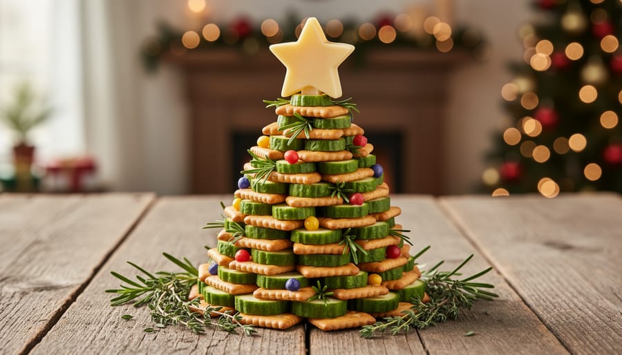 Hands placing star-shaped cheese decoration on top of completed standing Christmas tree charcuterie board