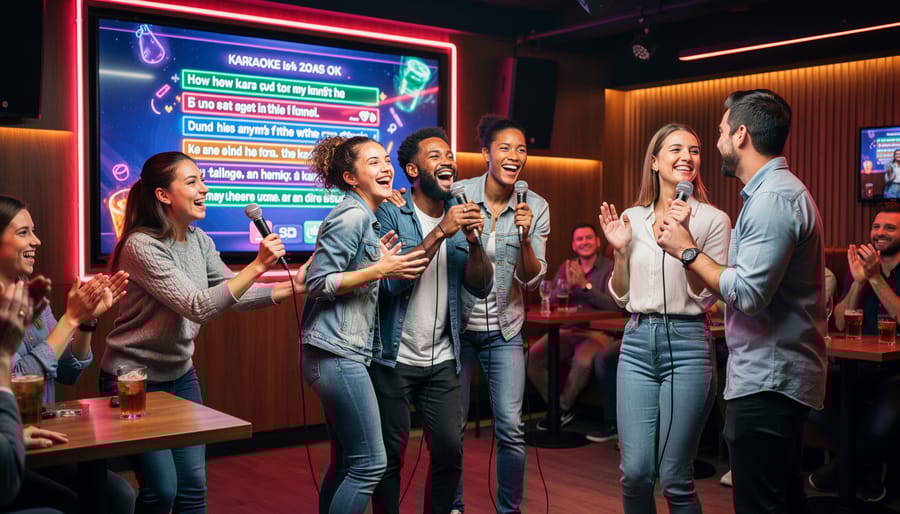 Two children in Christmas sweaters singing karaoke duet with family watching in background