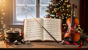 Open sheet music with a conductor’s baton, vintage film reels, a violin, and sleigh bells on a wooden table, lit by warm golden fairy lights with a blurred Christmas tree and softly snowing window in the background.