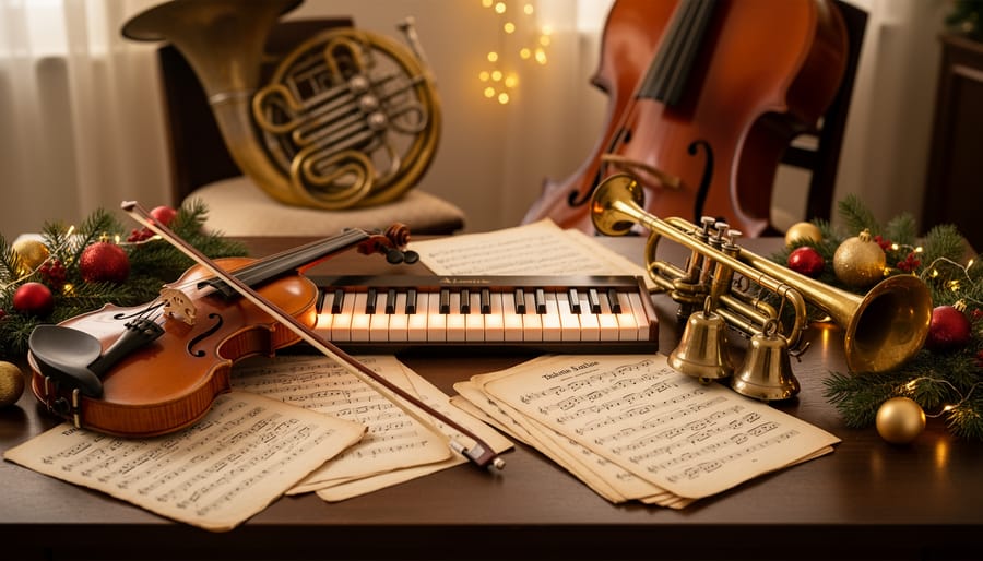 Close-up of brass sleigh bells and vintage Christmas sheet music with pine branches