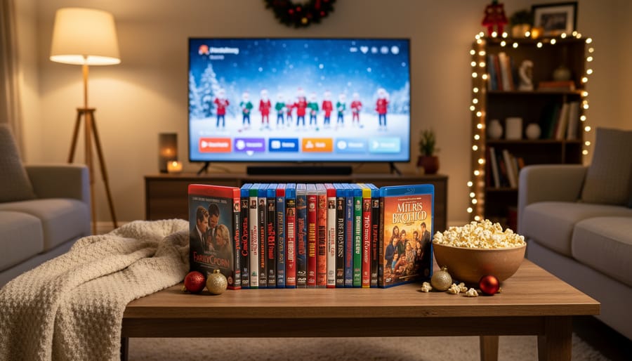 Collection of classic Christmas movies arranged on wooden table with holiday decorations