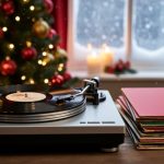 Close-up of a vintage turntable spinning a Christmas vinyl beside plain festive record sleeves, lit by warm lamplight and twinkling tree lights, with a blurred Christmas tree, candles, and a frosted window showing gentle snowfall in the background.