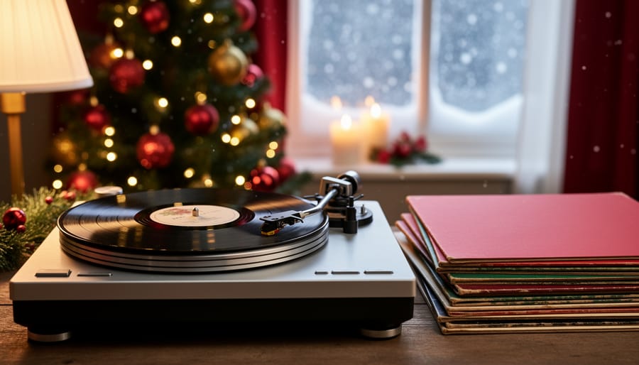 Close-up of a vintage turntable spinning a Christmas vinyl beside plain festive record sleeves, lit by warm lamplight and twinkling tree lights, with a blurred Christmas tree, candles, and a frosted window showing gentle snowfall in the background.