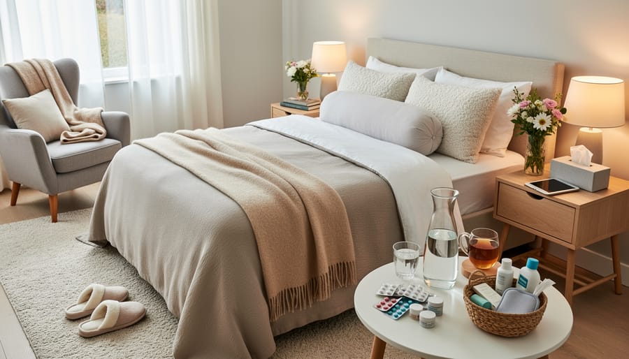 Cozy bedroom recovery space with comfortable pillows, bedside essentials, and warm lighting