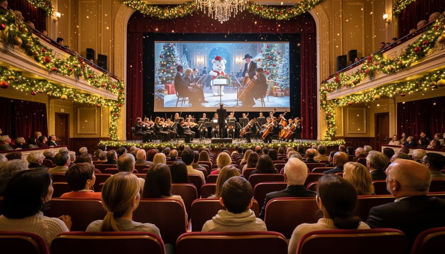 Families arriving at decorated concert hall entrance for holiday film performance