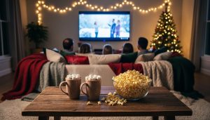 Eye-level wide photo of a cozy holiday living room arranged for a movie marathon, with blankets and pillows facing a glowing TV, fairy lights, cocoa, and popcorn, and softly blurred family silhouettes in the background.