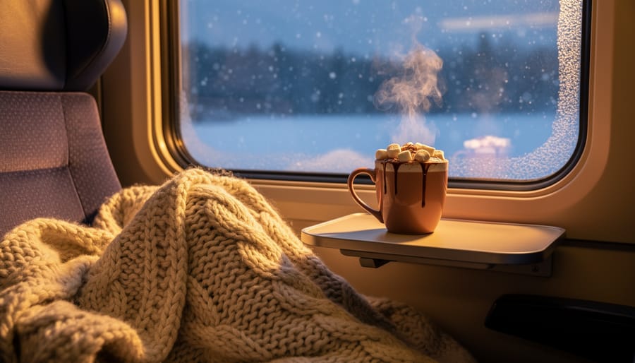 Cozy train interior with wool blanket and hot cocoa by frost-covered window