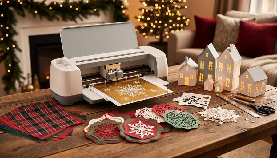 Cricut cutting machine on a wooden table cutting gold snowflake vinyl, surrounded by holiday crafting materials—layered paper ornaments, plaid iron-on sheets, and paper village pieces—with twinkle lights and evergreen garland softly blurred in the background.