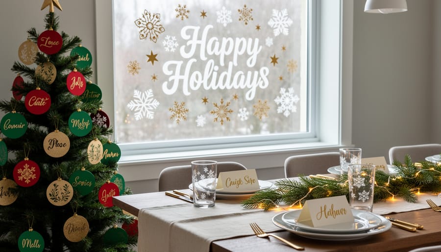 Holiday home decorated with Cricut vinyl window decals, personalized ornaments, and custom table settings