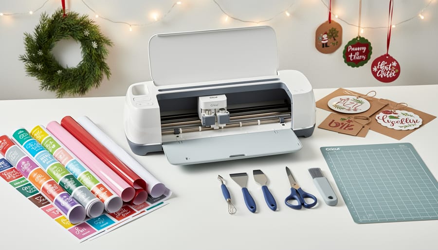 Organized display of Cricut machine and essential holiday crafting supplies on white table