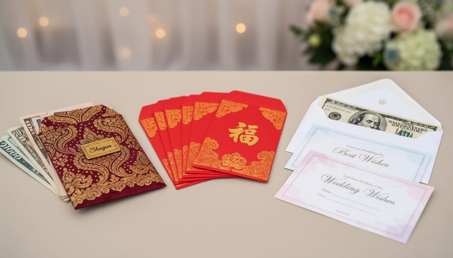 Bride and groom holding traditional red envelope wedding gift