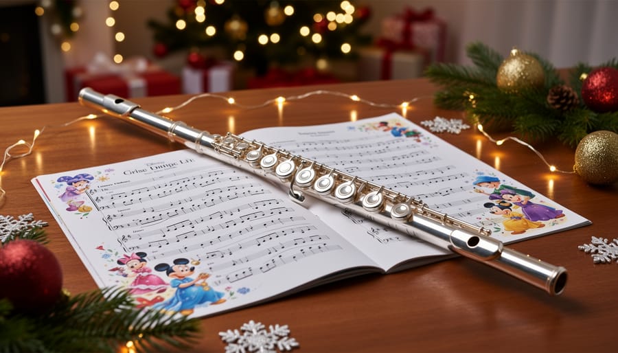 Silver flute resting on Disney sheet music surrounded by Christmas decorations and warm lights