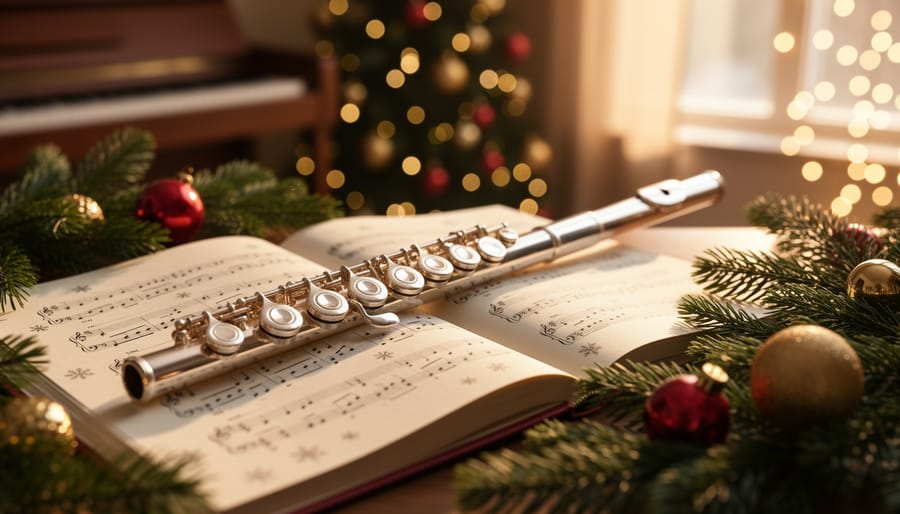 Silver concert flute resting across open, softly blurred sheet music on a wooden surface, surrounded by evergreen sprigs and red-and-gold ornaments, with warm fairy lights and a softly out-of-focus Christmas tree in the background; no legible text or logos.