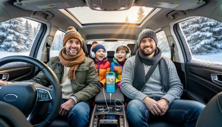 Family listening to audiobooks together in car during winter evening with Christmas lights visible outside