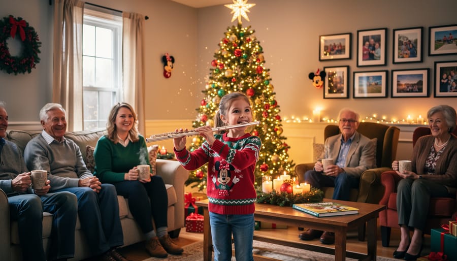 Family gathered in living room listening to flute performance beside Christmas tree and fireplace