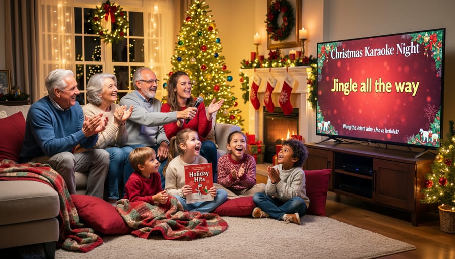 Diverse family members of all ages singing karaoke together in festively decorated living room
