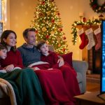 Family gathered on a couch watching a Christmas TV special in a warmly lit living room, faces illuminated by screen glow with a decorated tree, stockings on the mantel, and mugs of hot cocoa nearby.