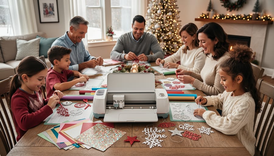 Family hands working together on Cricut holiday crafts with colorful vinyl on wooden table