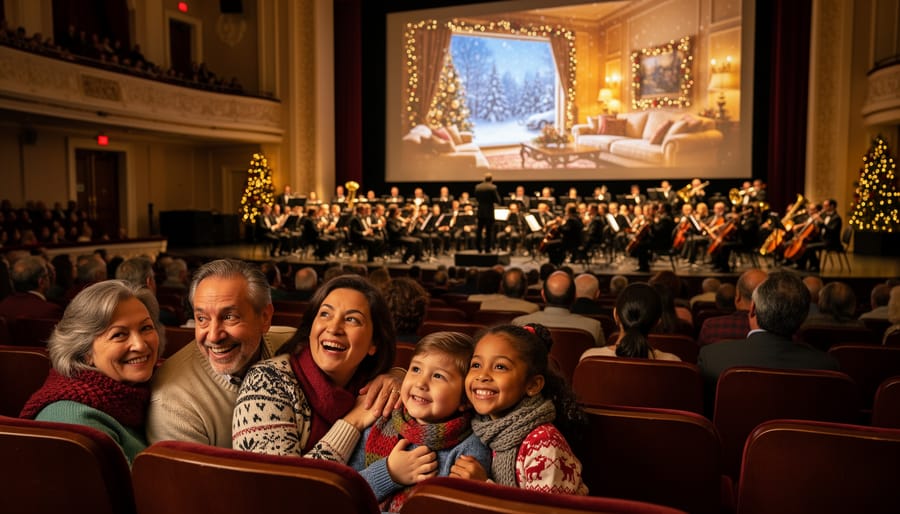 Family watching film concert performance with expressions of wonder and joy
