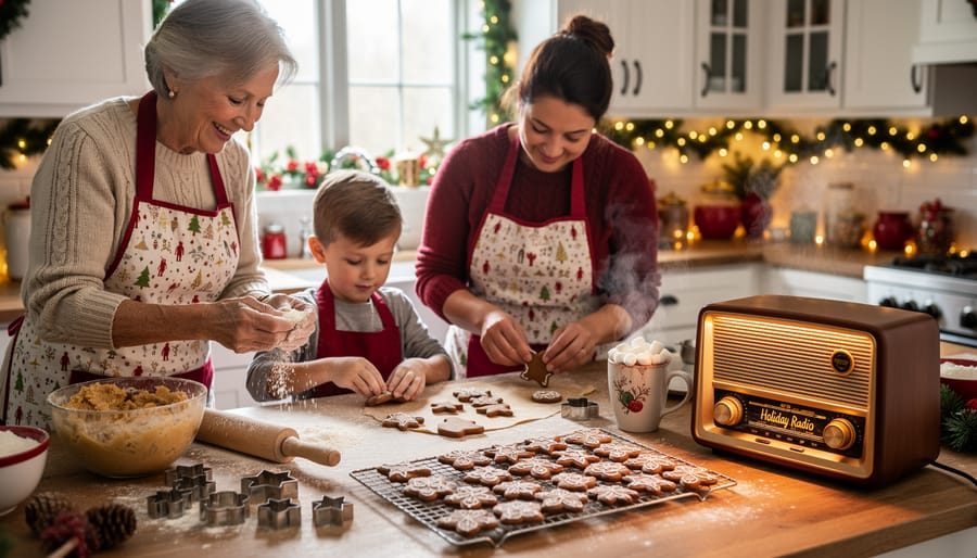 Family baking Christmas cookies in kitchen with radio playing holiday music