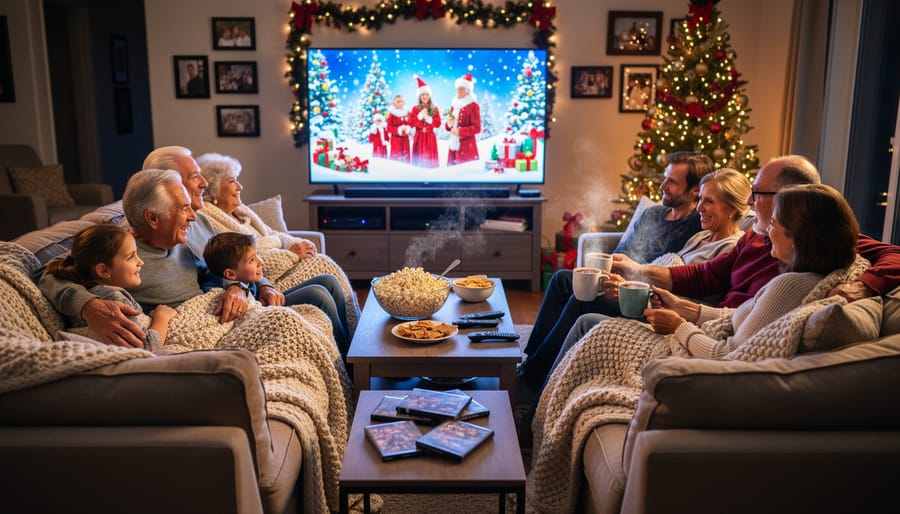 Family of multiple generations watching holiday movies together on couch