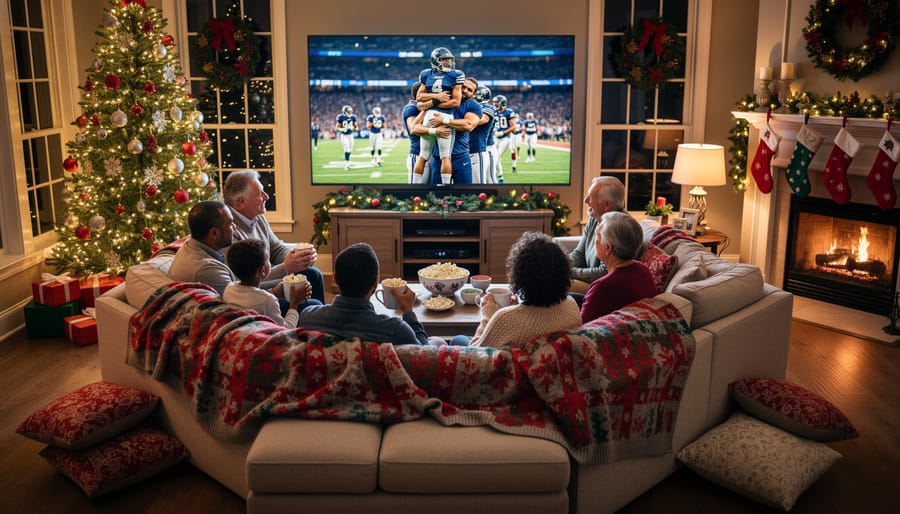 Family watching a movie together by the fireplace during the Christmas season