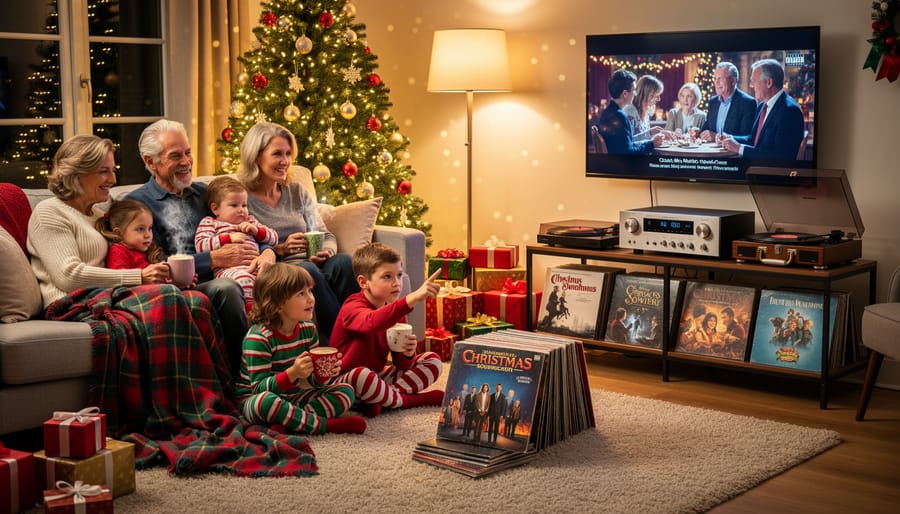 Family decorating Christmas tree with vintage record player in foreground