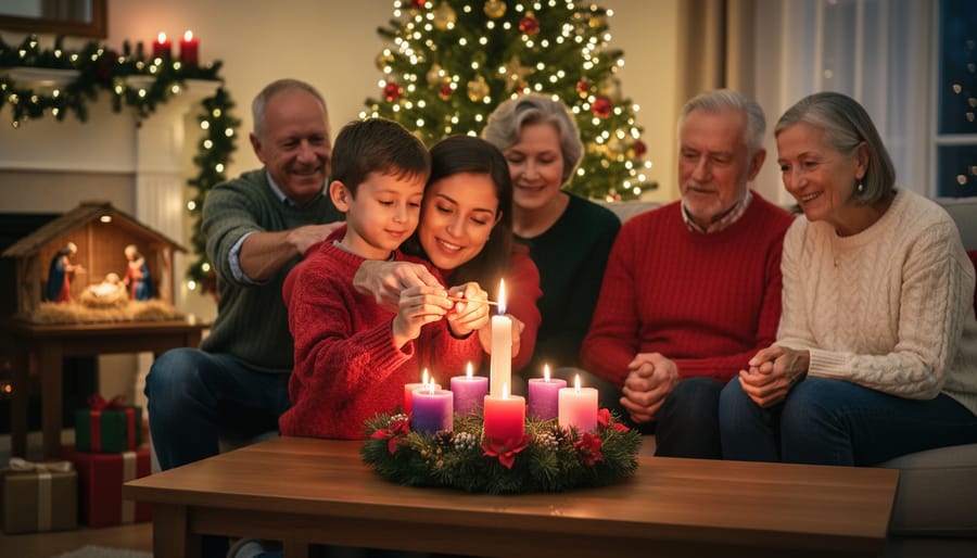 Family lighting the white Christ Candle on Advent wreath with all five candles glowing