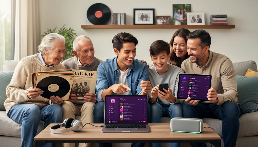 Multigenerational family singing Christmas carols together in festively decorated living room