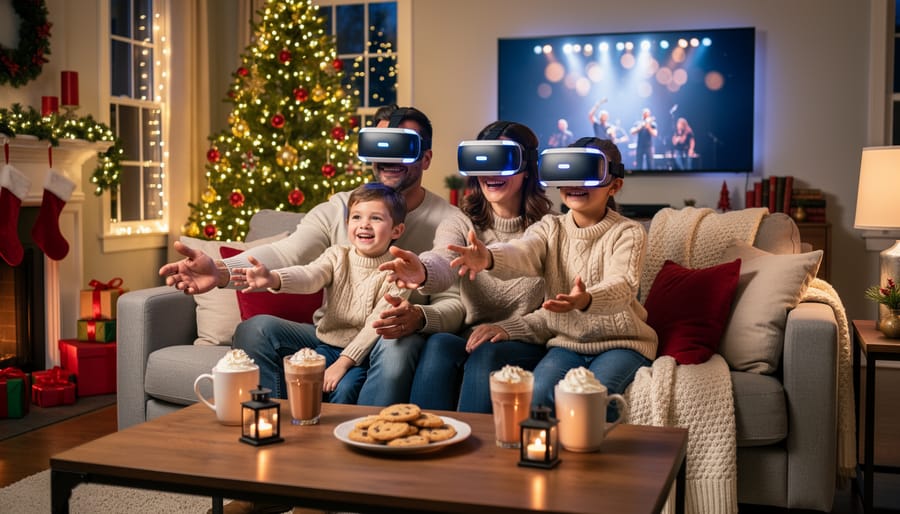 Family wearing VR headsets together in Christmas-decorated living room with fireplace and tree