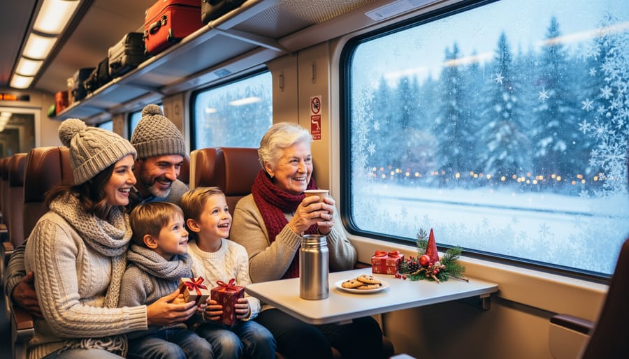 Family with children gazing out frost-covered train window at winter scenery