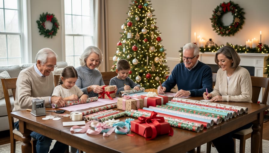 Family gathered around table wrapping gifts together with upcycled materials