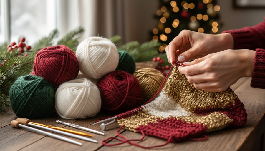 Collection of holiday-colored yarn skeins in red, green, white, and gold