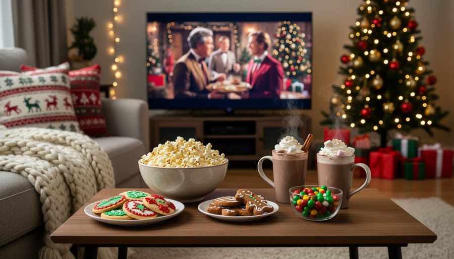 Holiday movie snacks including popcorn, hot chocolate, and Christmas cookies on serving board