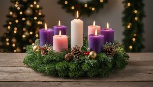 Eye-level close-up of an evergreen Advent wreath on a wooden table with five lit candles—three purple, one rose, and a taller white Christ Candle centered—glowing warmly, with softly blurred Christmas tree lights and garland in the background.