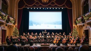Full symphony orchestra with conductor on stage in a grand concert hall, performing beneath a large screen showing a winter scene, warm golden lighting mixed with cool blue glow, audience silhouettes in foreground, holiday garlands on balconies.