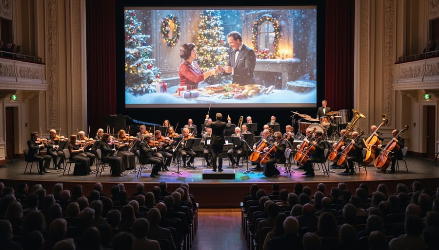 Symphony orchestra performing beneath large movie screen in concert hall