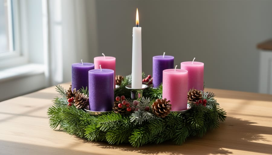 Five-candle Advent wreath featuring white Christ Candle in center surrounded by purple and pink candles