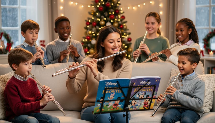 Close-up of flutist's hands playing flute with Christmas tree softly visible in background