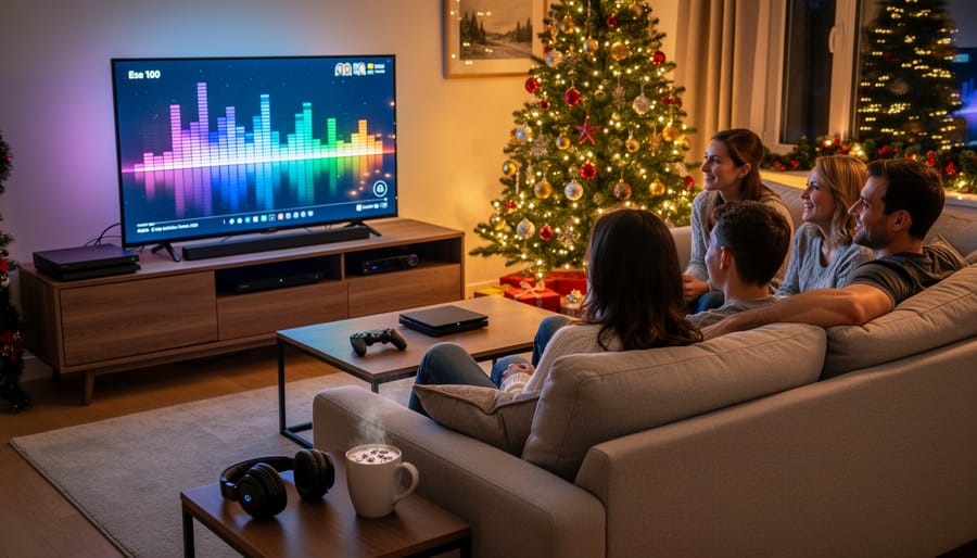 Person relaxing with headphones in festive living room with Christmas decorations and gaming setup