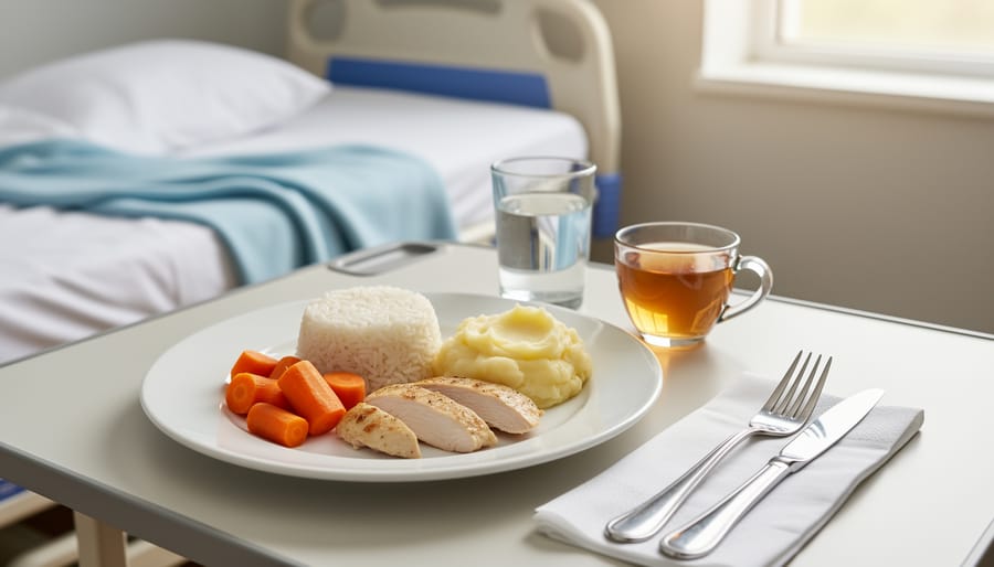Bowl of simple, nourishing low-fiber foods including rice and cooked vegetables