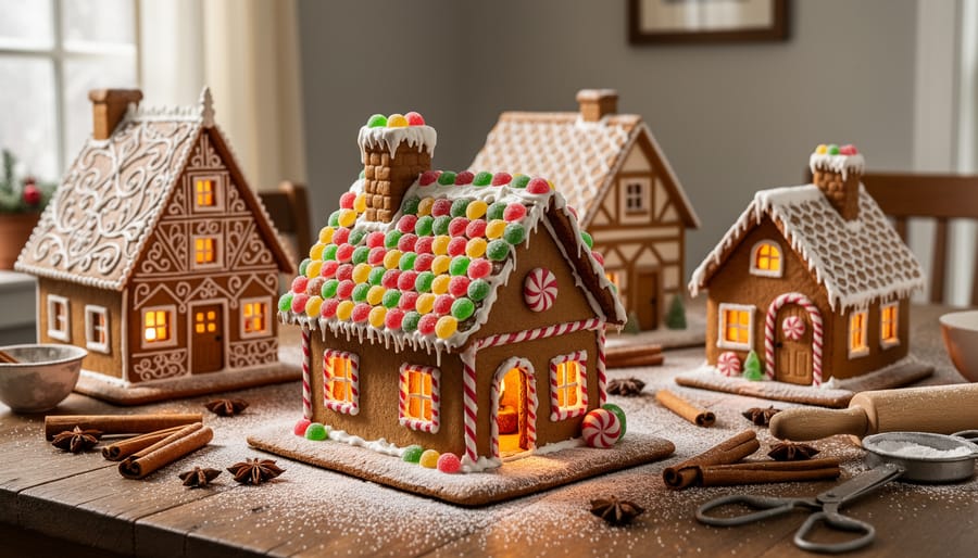 Decorated gingerbread house with colorful candy and icing details