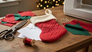 Overhead medium close-up of a red quilting-cotton Christmas stocking with a cream felt cuff on a wooden worktable, surrounded by fabric scraps, pins, shears, and thread, with a sewing machine and warm holiday lights softly blurred in the background.