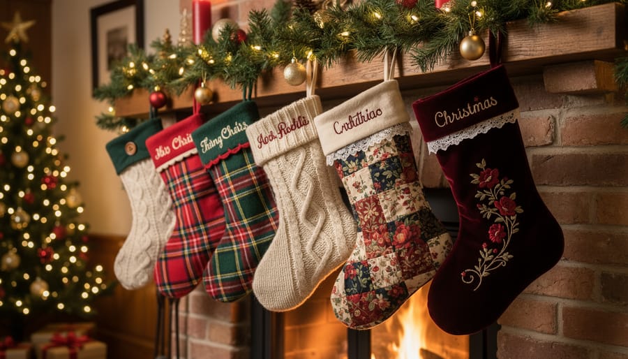 Collection of handmade Christmas stockings in velvet, plaid, and felt fabrics