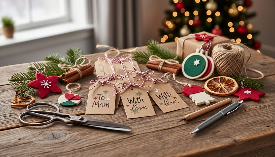 Handmade Christmas ornaments and gift tags arranged on wooden table