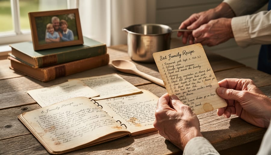 Vintage handwritten recipe card on wooden table with baking tools