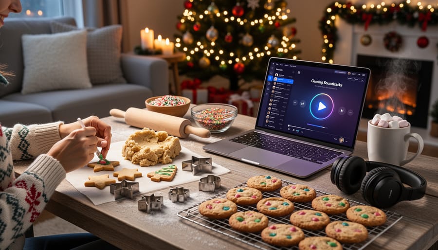 Family decorating Christmas cookies at table with music playing from laptop