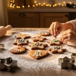 Adult and child hands decorate gingerbread cookies on a flour-dusted wooden counter with metal cookie cutters and a rolling pin, warmly lit by golden hour light, with a softly blurred kitchen and twinkling string lights in the background.