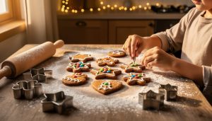 Adult and child hands decorate gingerbread cookies on a flour-dusted wooden counter with metal cookie cutters and a rolling pin, warmly lit by golden hour light, with a softly blurred kitchen and twinkling string lights in the background.