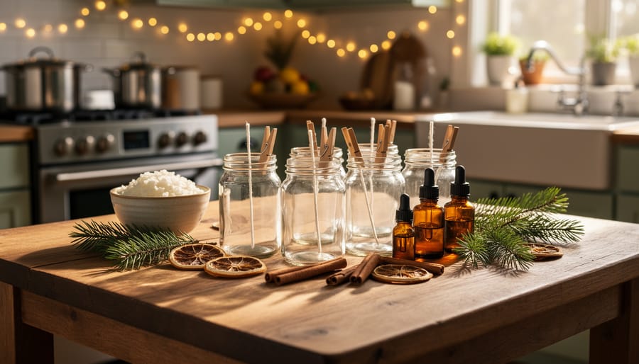 Holiday candle-making setup on a wooden kitchen table with jars and wicks held by clothespins, soy wax flakes, essential oil bottles, cinnamon sticks, dried orange slices, and pine sprigs, with a softly blurred stove and string lights in the background.
